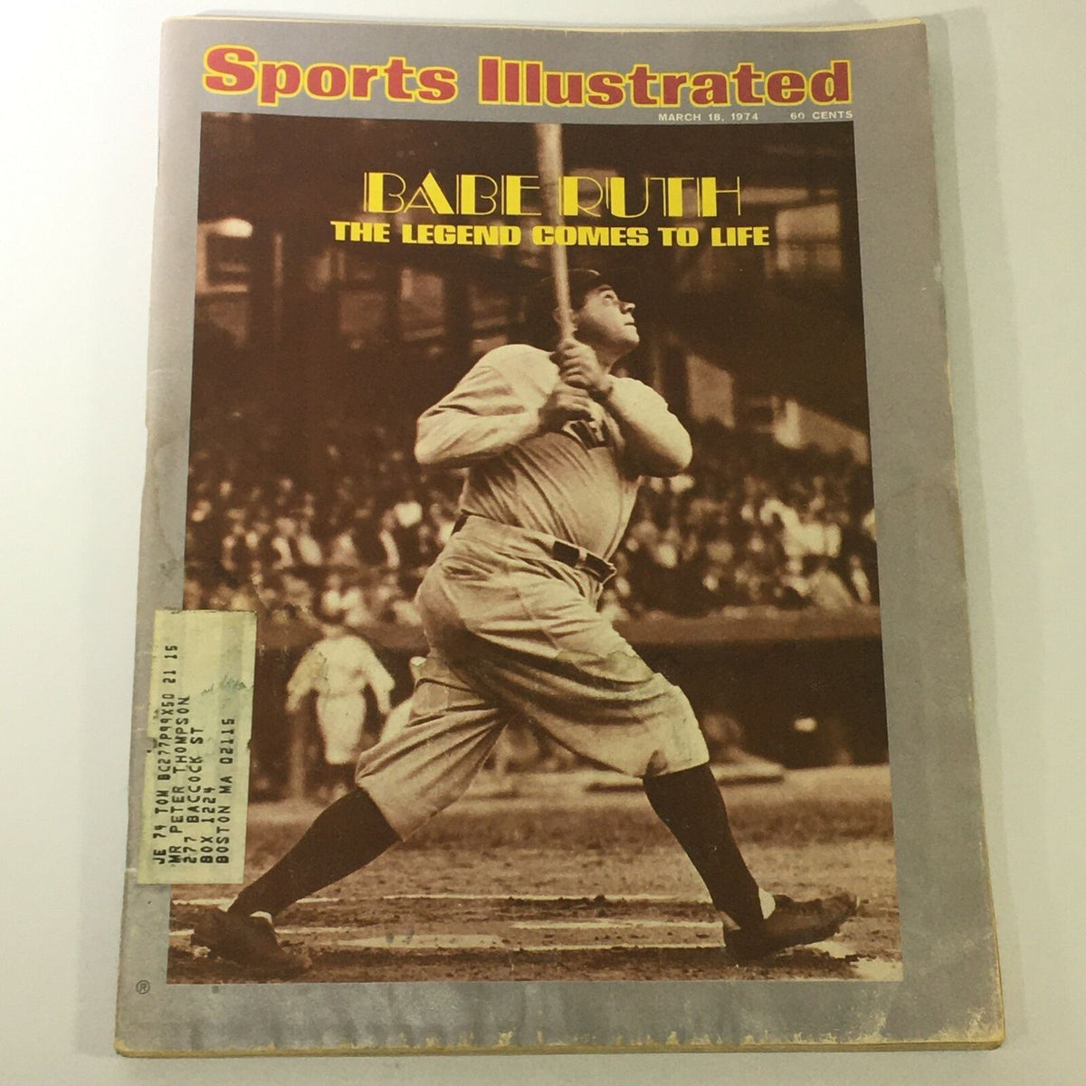 Front cover of the Sports Illustrated magazine dated March 18, 1974, featuring Babe Ruth Jr. with the text 'Babe Ruth: The Legend Comes to Life'. The magazine has a historic vintage appeal, capturing the essence of baseball in the 1970s.