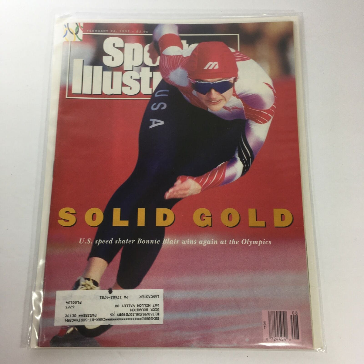 Cover of Sports Illustrated magazine from February 24, 1992, featuring U.S. speed skater Bonnie Blair with the title 'Solid Gold' highlighting her achievements at the Olympics.