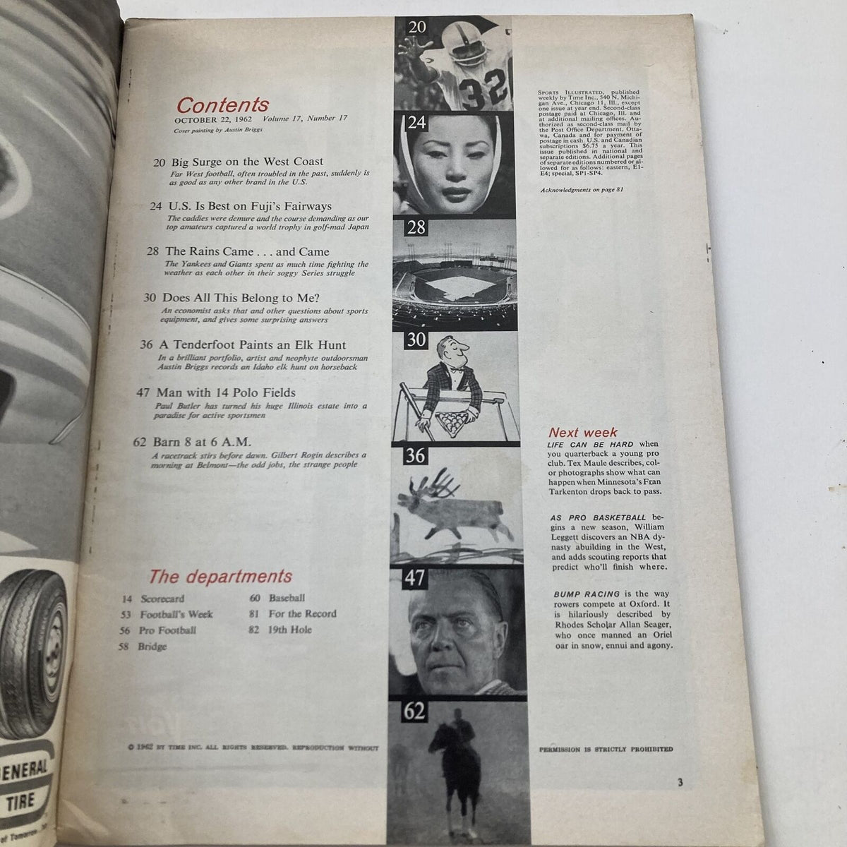 Contents page of VTG Sports Illustrated Magazine from October 22, 1962, showcasing articles on sports including big game hunting in Idaho, football, and outdoor adventures.