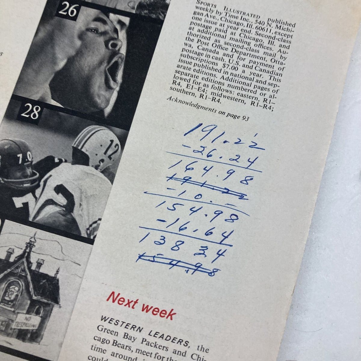 Detailed page from VTG Sports Illustrated Magazine November 18 1963 listing content information and notes related to sports events.