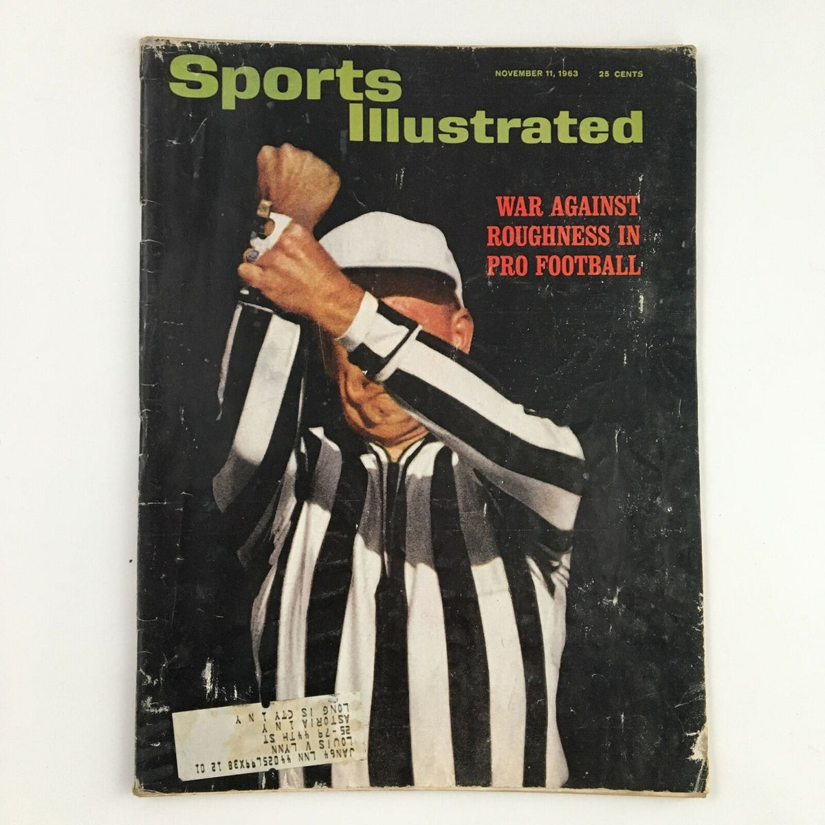 Cover of Sports Illustrated Magazine from November 11, 1963, featuring the headline 'War Against Roughness in Pro Football' and an image of an NFL referee.