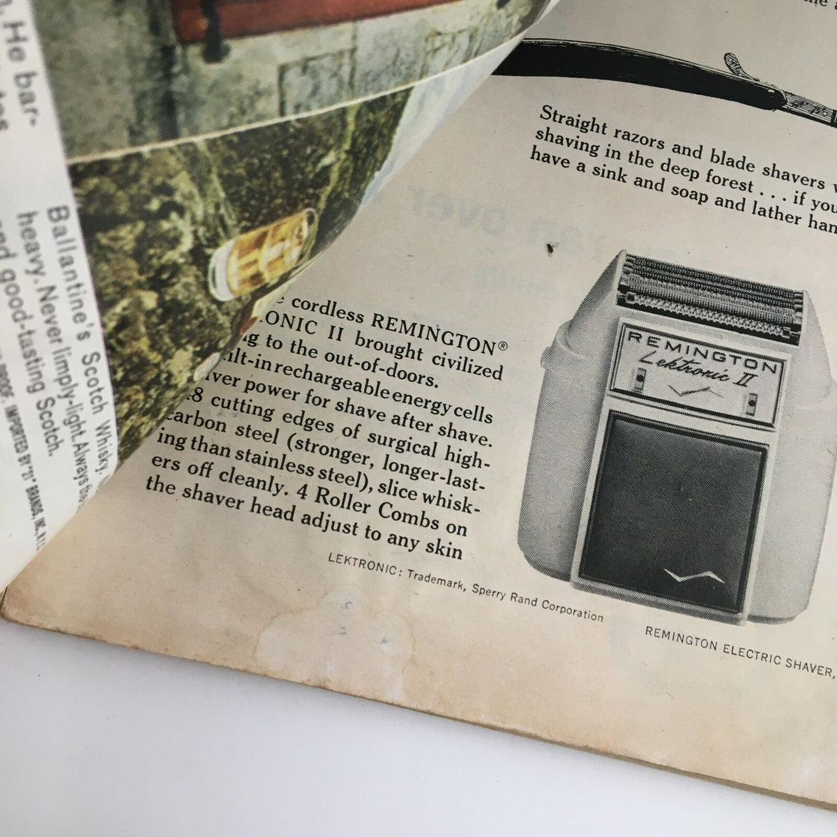 Page from Sports Illustrated Magazine, November 11, 1963, showcasing an advertisement for the Remington electric shaver and details of various shaving products.