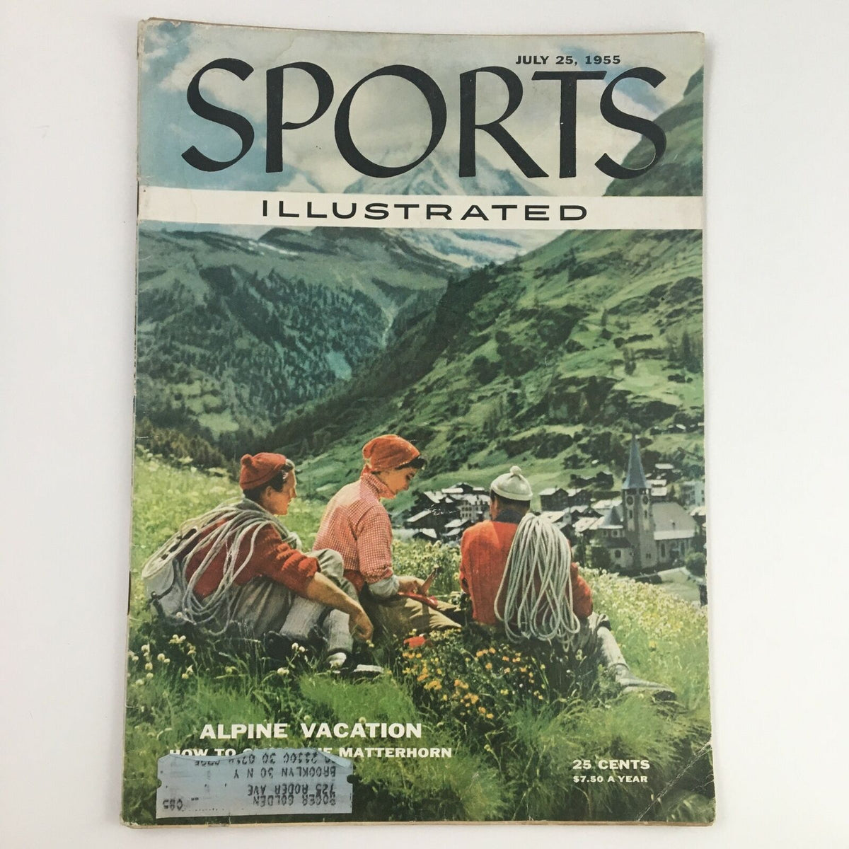 Cover of Sports Illustrated Magazine from July 25, 1955, featuring the Matterhorn and Alpine vacation theme with three individuals in traditional attire.