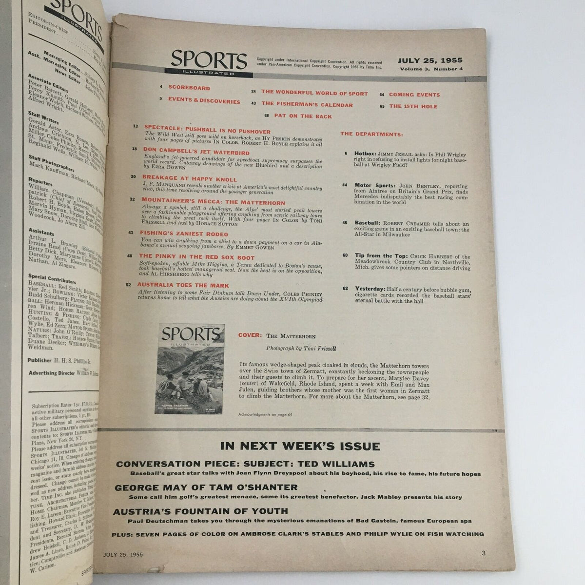 Inside page of Sports Illustrated Magazine July 25, 1955, displaying the table of contents and notable article topics, including feature on the Matterhorn.