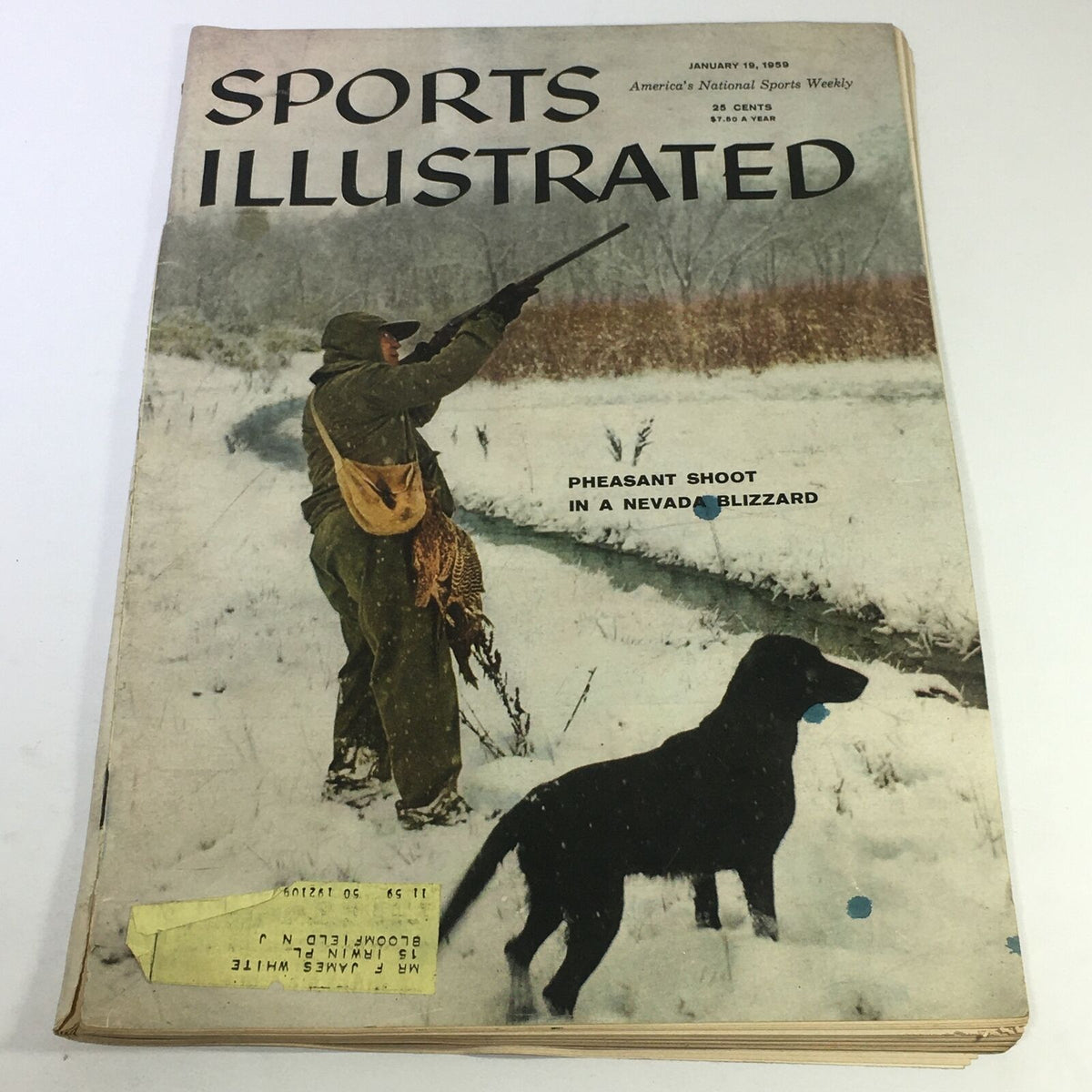 Vintage Sports Illustrated Magazine from January 19, 1959 featuring a Pheasant Shoot in a Nevada Blizzard. The cover depicts a hunter aiming a shotgun in snowy terrain alongside a dog.