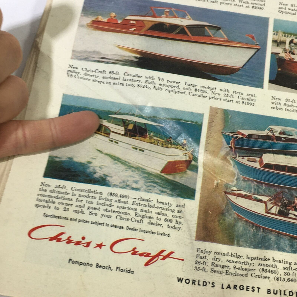 Vintage Sports Illustrated Magazine cover featuring Chris-Craft boats advertisement from January 19, 1959, showcasing a 35-ft. Constellation and 23-ft. Cavalier.
