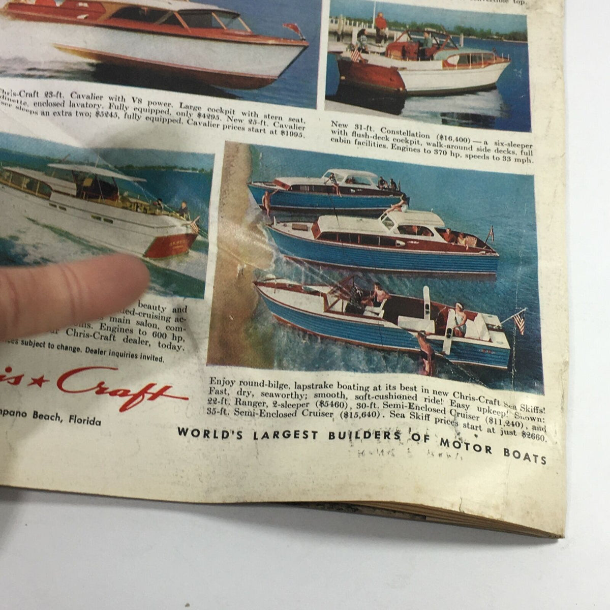 Continuation of the vintage Chris-Craft advertisement in Sports Illustrated Magazine, featuring various models including the 31-ft. Constellation and Sea Skiffs.