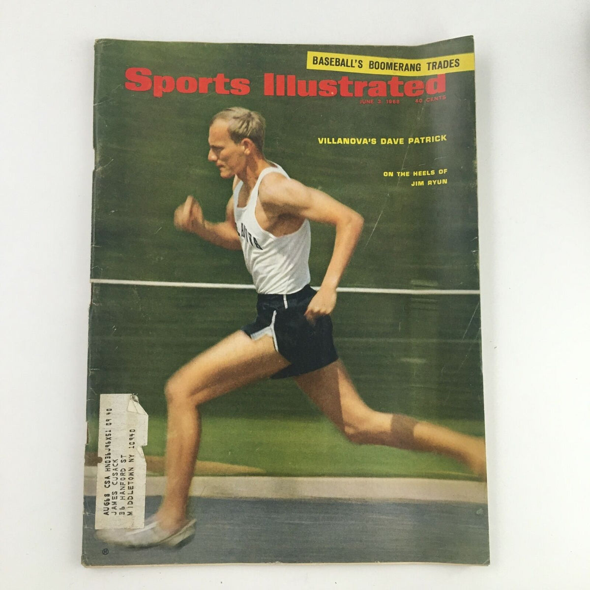 Cover of Sports Illustrated Magazine June 3, 1968 featuring Villanova's Dave Patrick running, highlighting athletics and sports history.