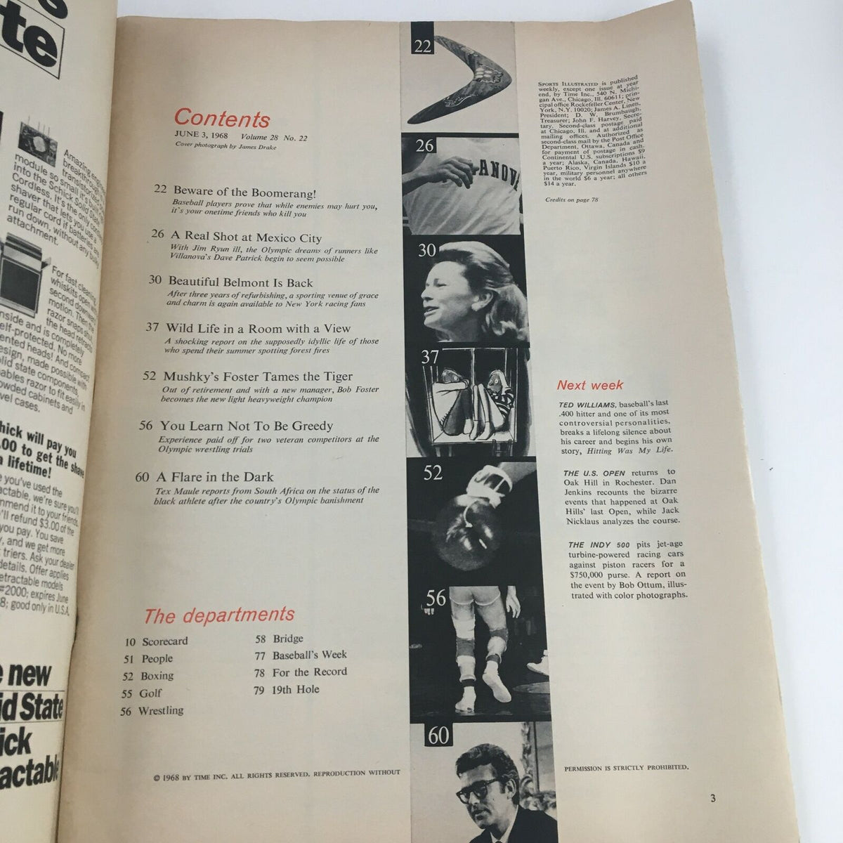 Contents page of Sports Illustrated Magazine June 3, 1968 showcasing articles and features related to sports, including a focus on Villanova's Dave Patrick.