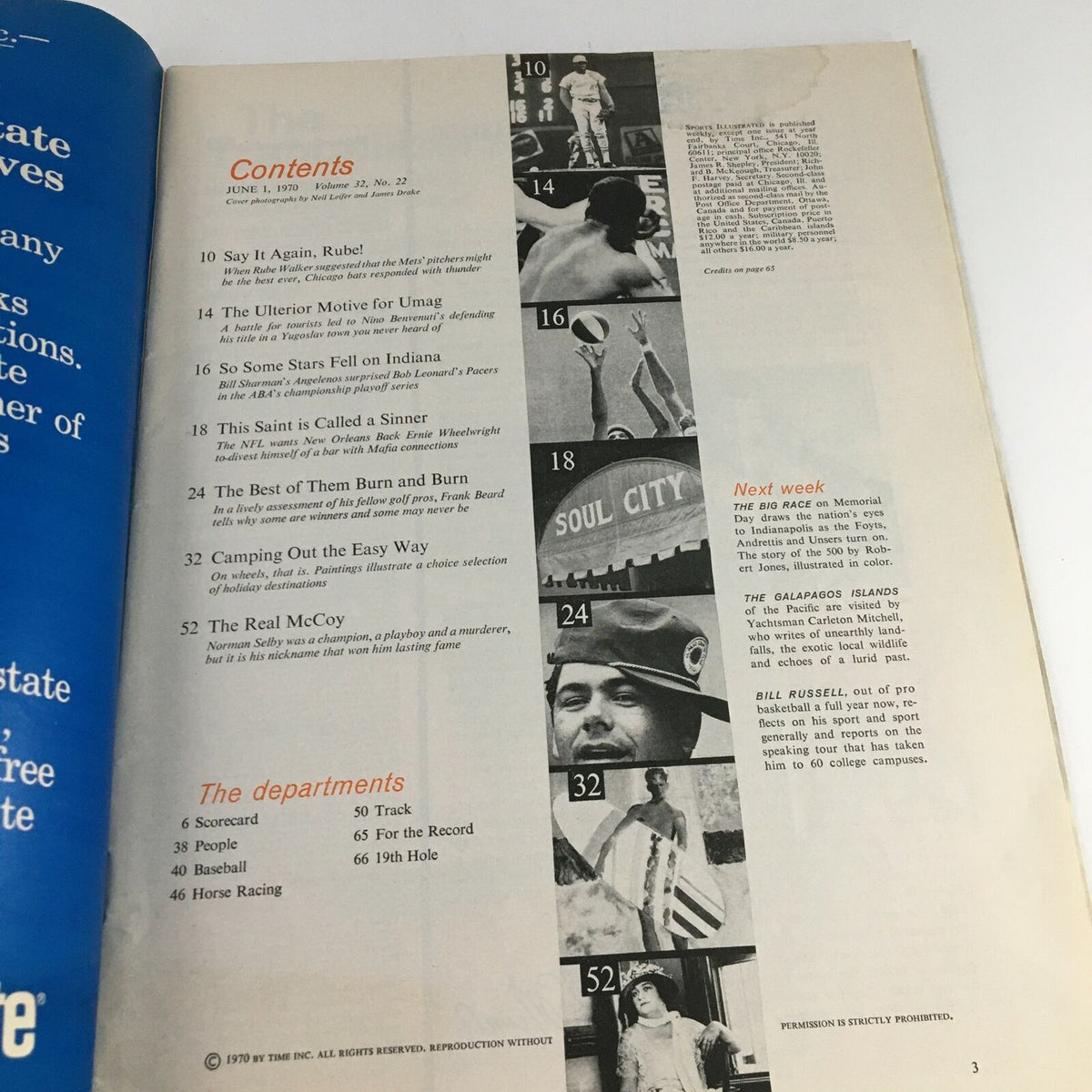 Contents page of Sports Illustrated Magazine, June 1, 1970, outlining featured articles including highlights on sports legends and events.