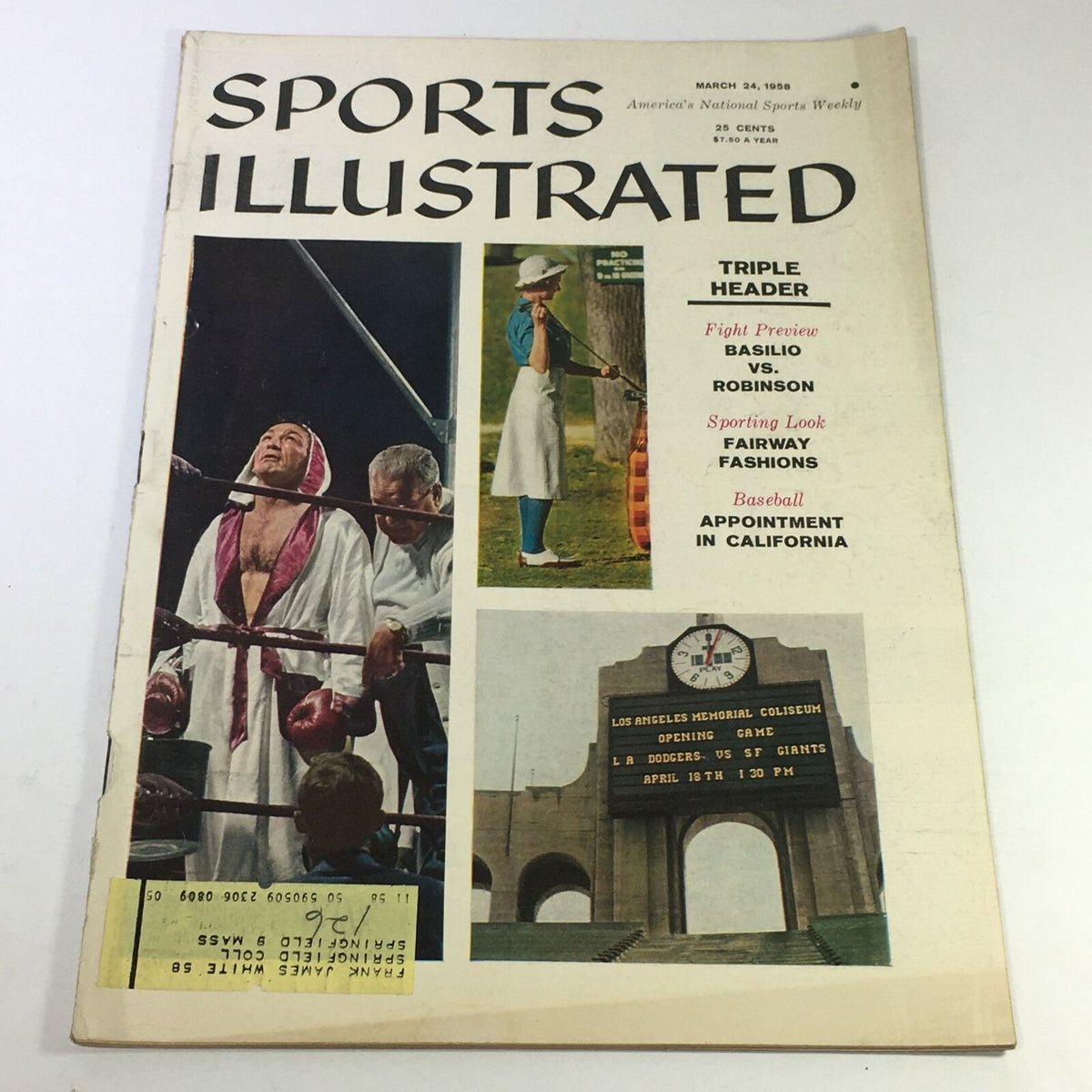 Cover of VTG Sports Illustrated Magazine March 24, 1958 featuring a fight preview of Carmen Basilio vs Sugar Ray Robinson, with images of boxing and outdoor sports.