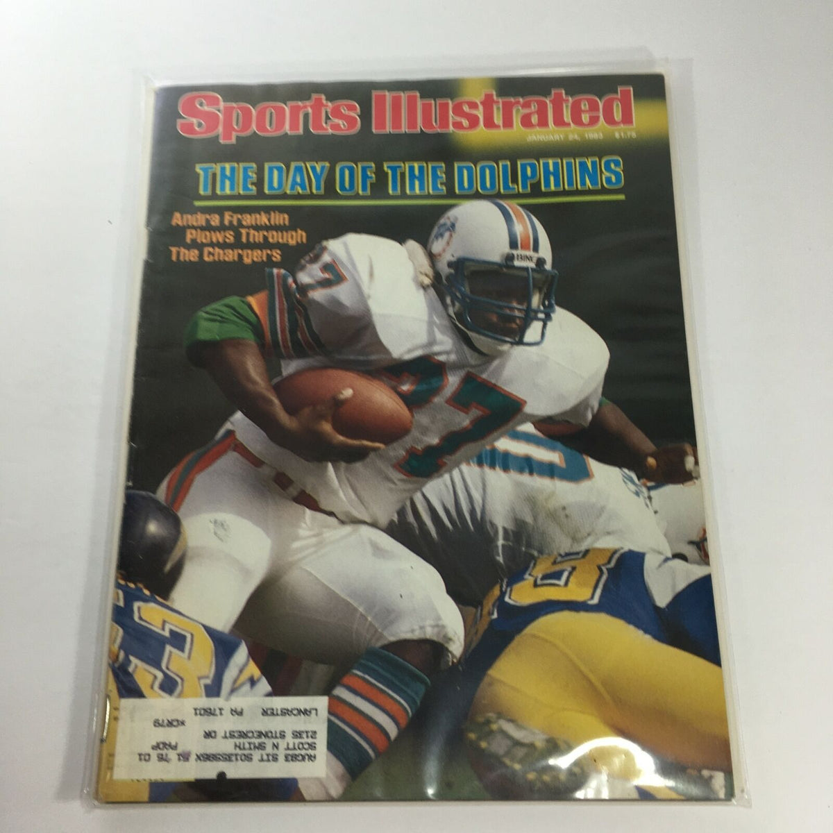 Cover of Sports Illustrated magazine from January 24, 1983, featuring Andra Franklin during the match against the Chargers, titled 'The Day of the Dolphins', highlighting vintage sports memorabilia.