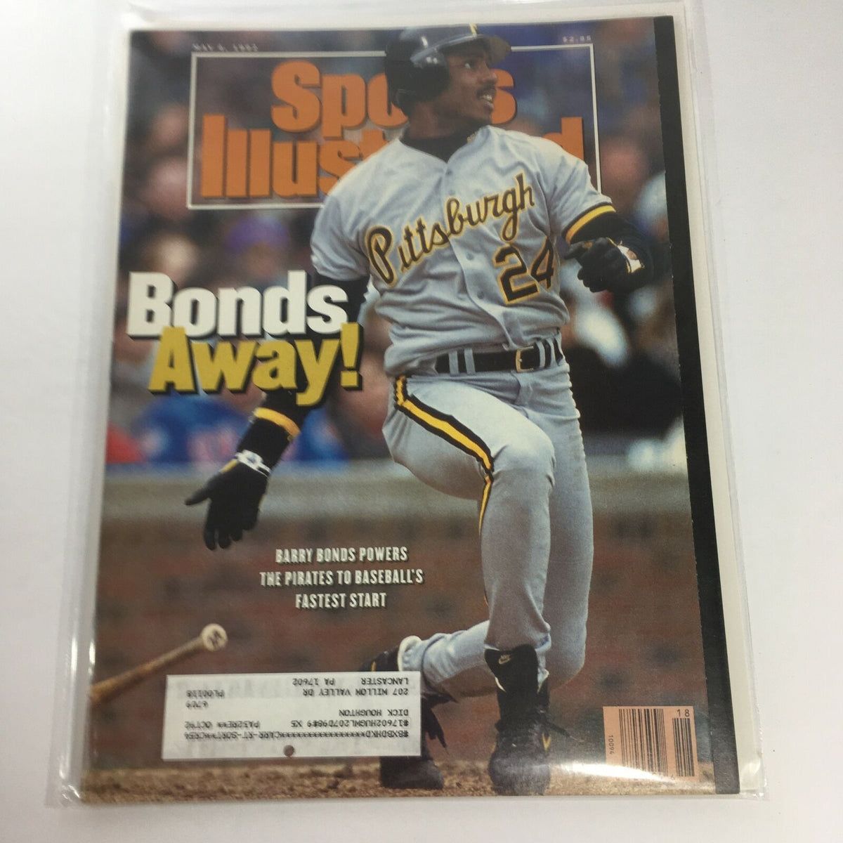 Cover of Sports Illustrated from May 4, 1992, featuring Barry Bonds in a Pittsburgh Pirates uniform with the headline 'Bonds Away!'. The magazine highlights Bonds' powerful performance contributing to the Pirates' fast start in baseball.