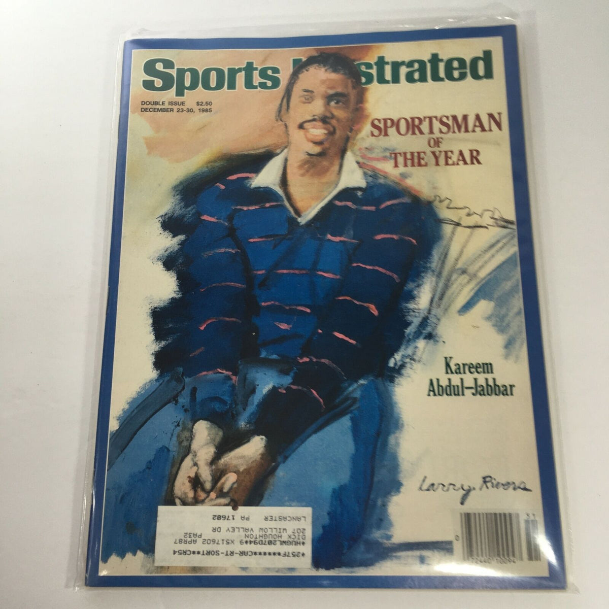 Sports Illustrated cover from December 23-30, 1985 featuring Kareem Abdul-Jabbar as Sportsman of the Year, showcasing a colorful illustration of the basketball player.