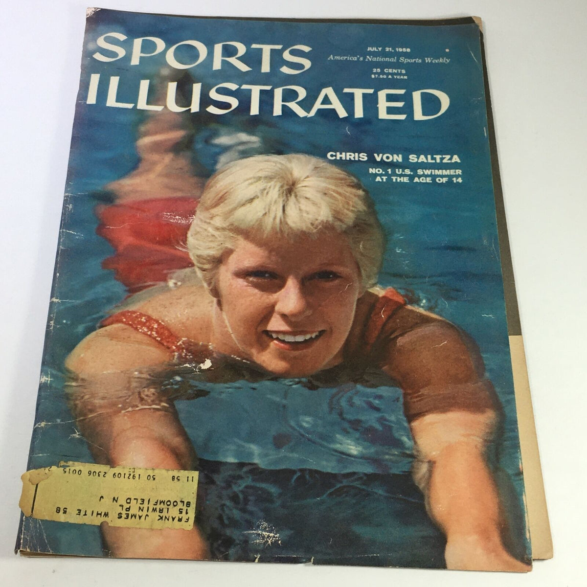 Vintage Sports Illustrated Magazine cover from July 21, 1958 featuring Chris Von Saltza, the number one U.S. swimmer at the age of 14, showcasing an image of a swimmer in a pool.