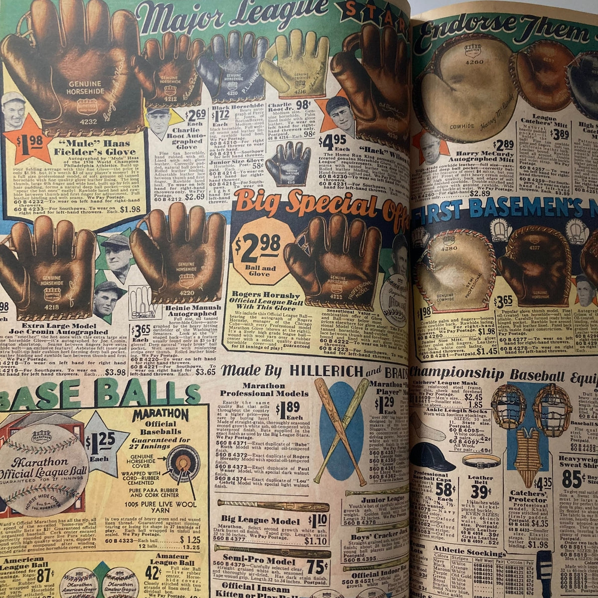 Spring & Summer 1931 Montgomery Ward & Co. Catalogue No. 114 Portland highlighting sports equipment, including baseball gloves and balls, promoting Major League gear.