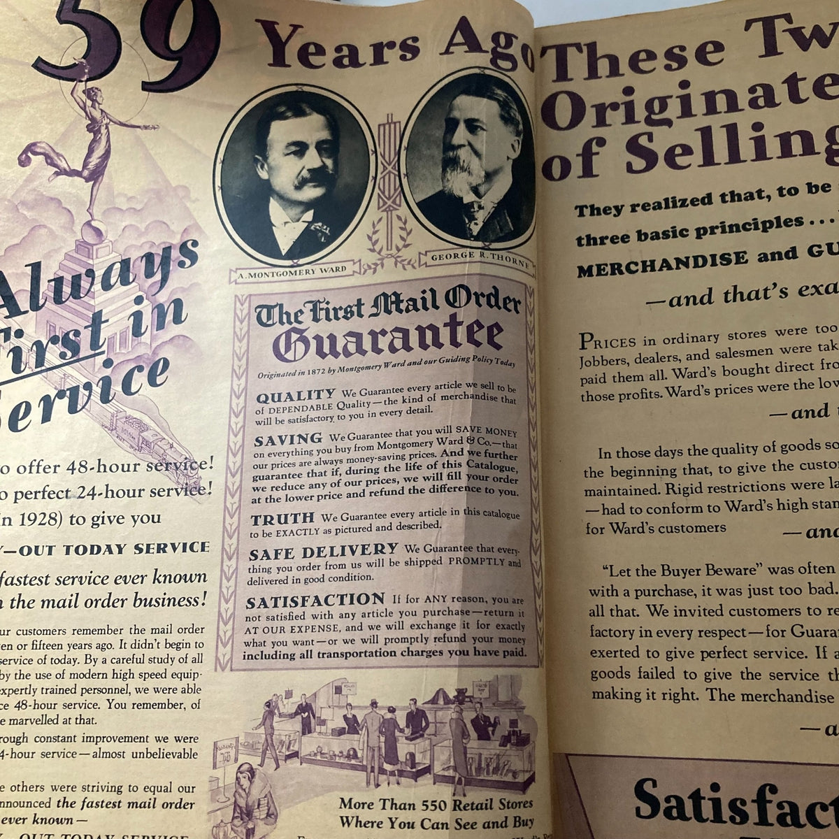 Historical page from the Spring & Summer 1931 Montgomery Ward & Co. Catalogue No. 114 Portland discussing the origins of the mail order guarantee by Montgomery Ward and George Thorne.