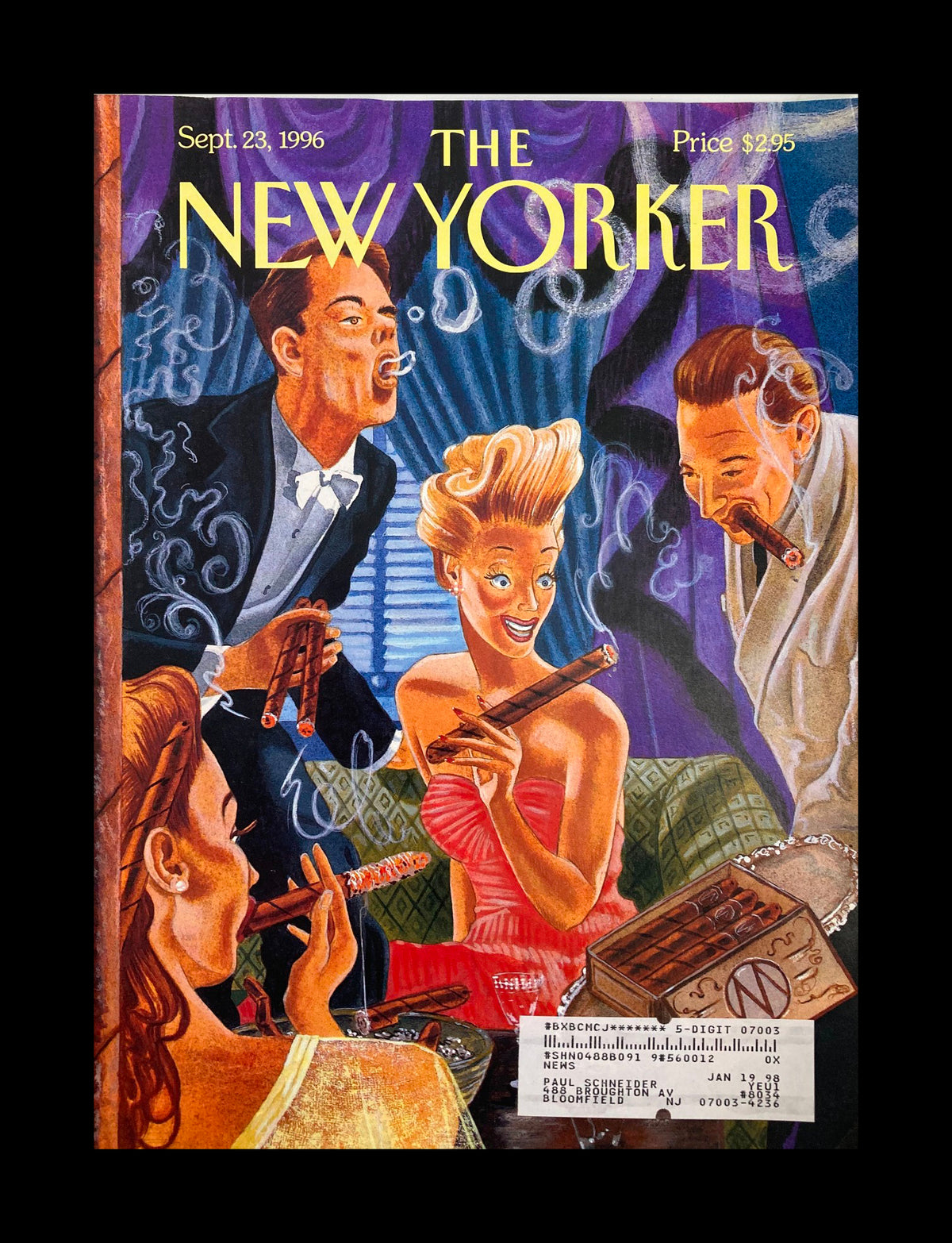The New Yorker September 23 1996 magazine cover featuring 'Social Lights' illustration by M. Scott Miller, depicting a vibrant social gathering with elegantly dressed individuals enjoying cigars.