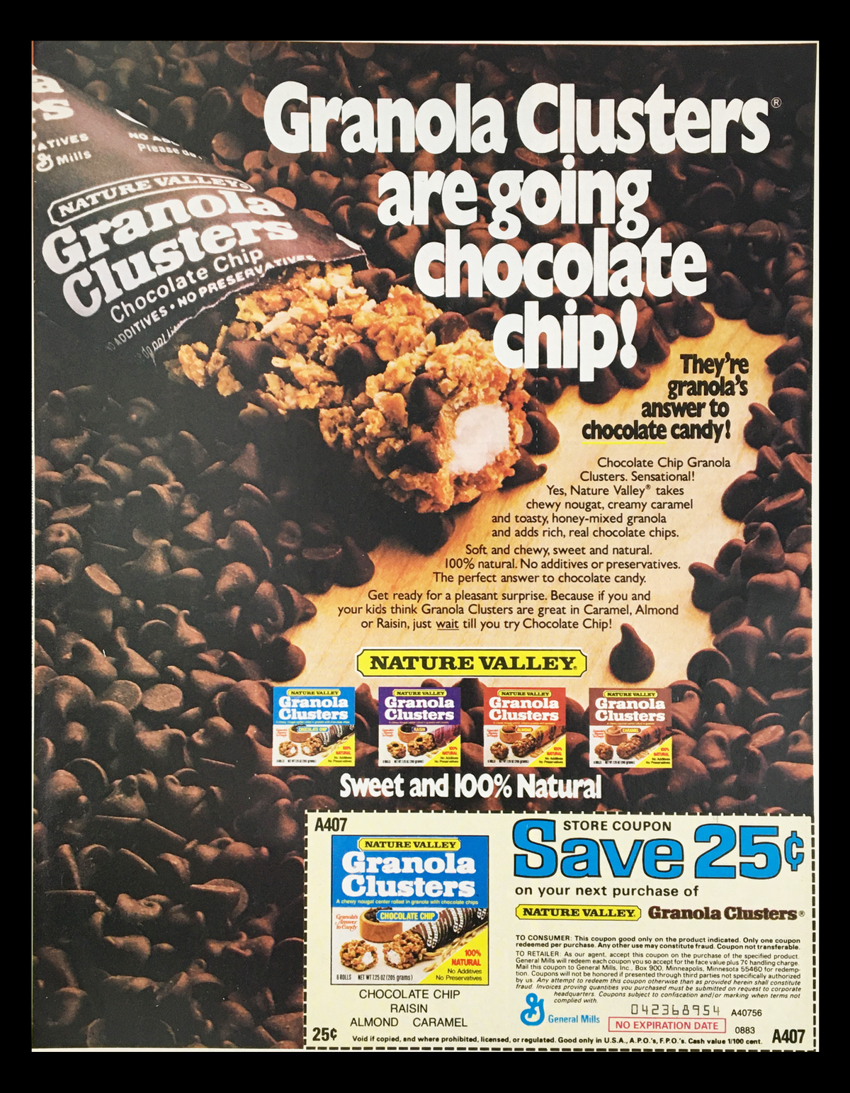 1983 Granola Clusters Chocolate Chips Circular Coupon Advertisement featuring Granola Clusters with chocolate chips and a promotional message about their natural ingredients.