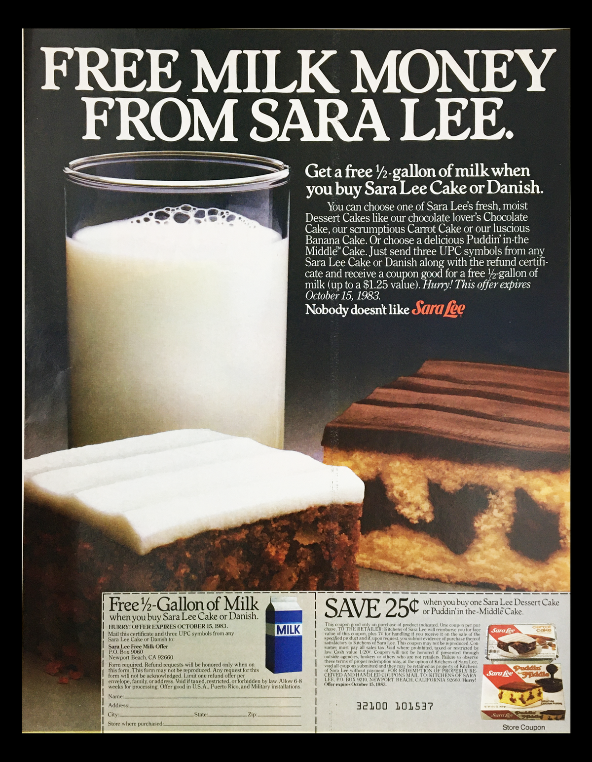1983 Sara Lee Cake or Danish Circular Coupon Advertisement featuring a glass of milk and Sara Lee cake with milk offer details, promoting the purchase of Sara Lee products.