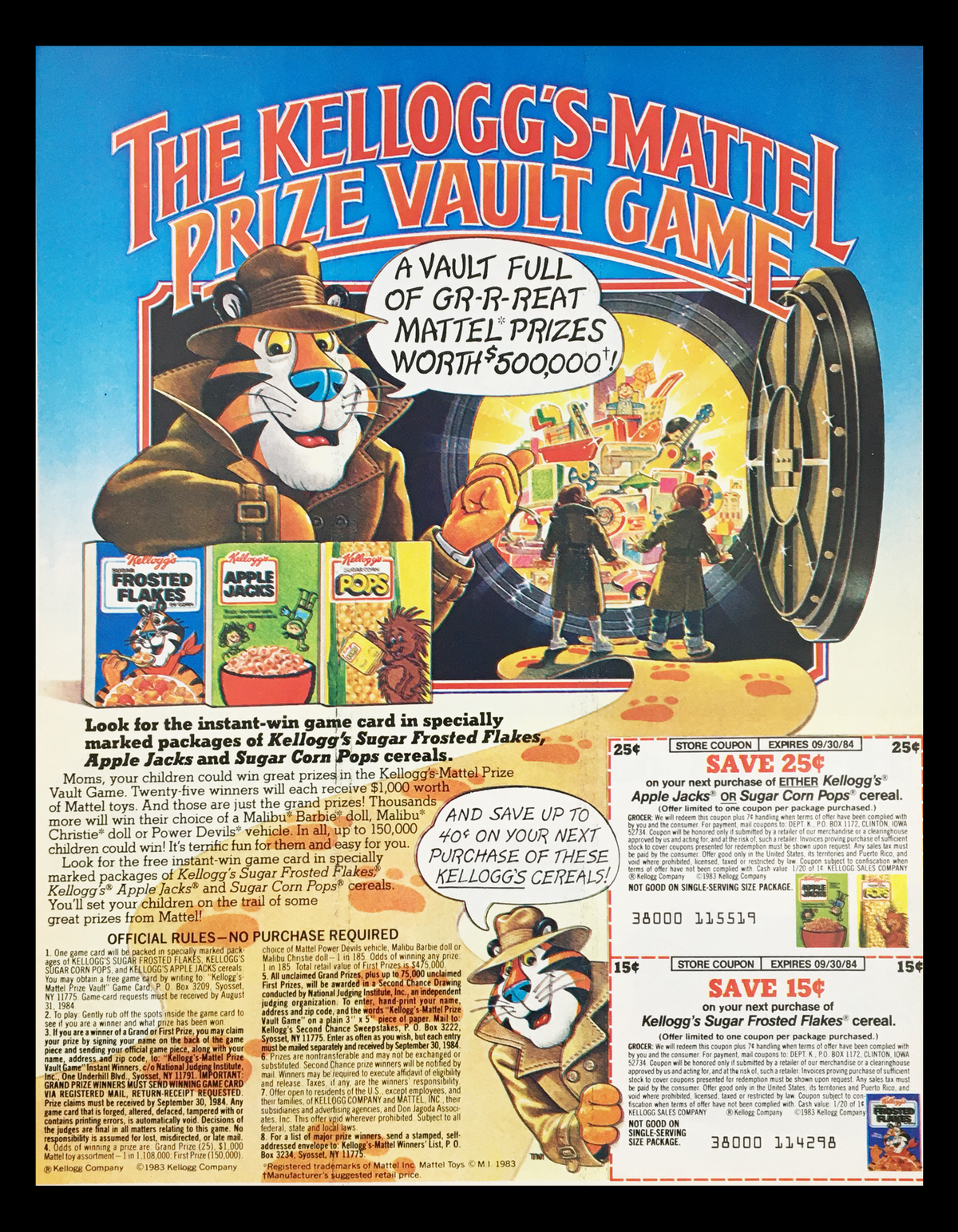 1984 The Kellogg's Mattel Prize Vault Game Circular Coupon Advertisement featuring a colorful illustration of a cartoon tiger and a prize vault. The advertisement promotes the Kellogg's Prize Vault Game with details on instant-win game cards and Coca-Cola products.