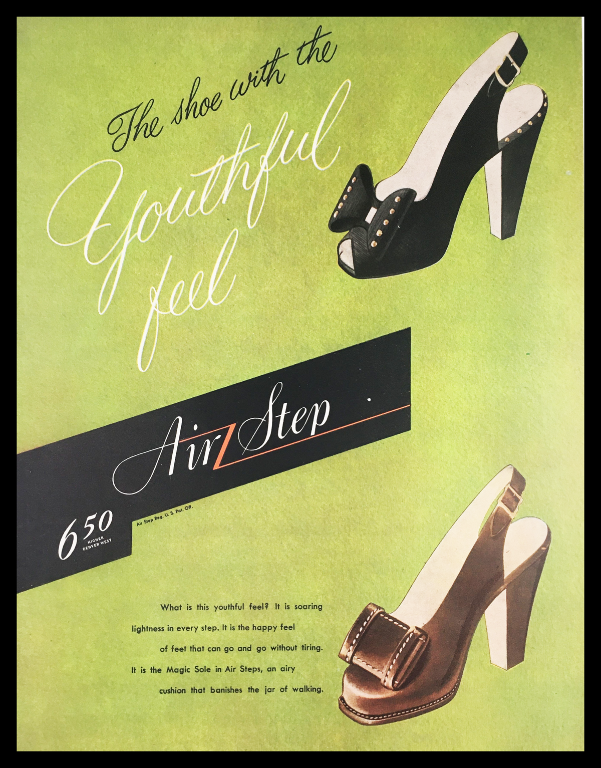 1945 Air Step Youthful Feel Shoes Vintage Print Ad featuring stylish women's shoes with a youthful design on a vibrant green background.