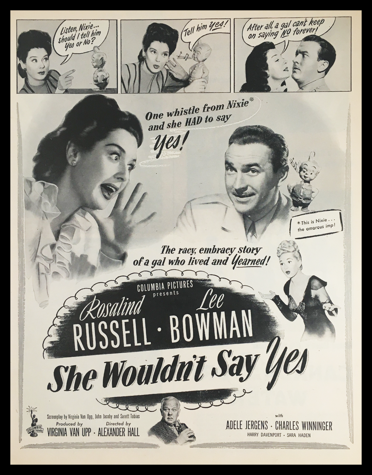 1945 vintage print ad featuring Rosalind Russell and Lee Bowman in the film 'She Wouldn't Say Yes'. The advertisement showcases a vibrant design typical of the 1940s, depicting the iconic stars and capturing the charm of Hollywood's golden age. Perfect for film enthusiasts and collectors.