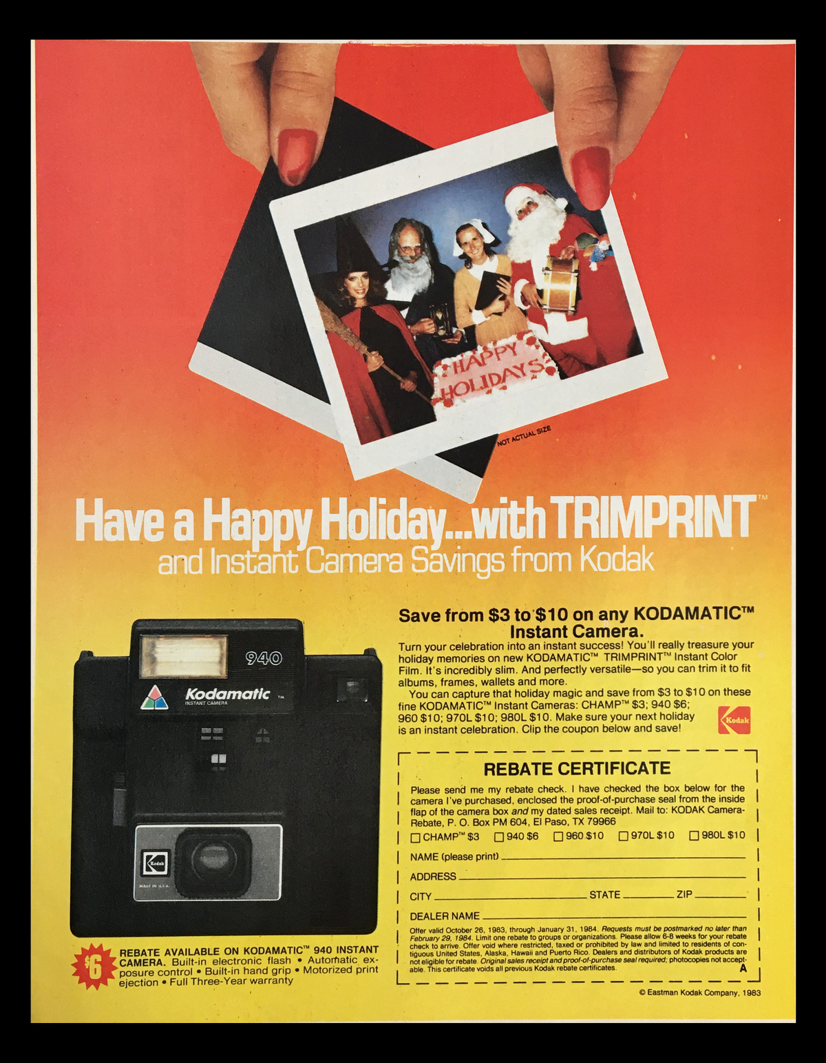 1983 Kodamatic Instant Camera Circular Coupon Advertisement featuring a Kodak camera, holiday-themed photo with Santa Claus, and festive decorations, highlighting instant camera savings and promotional offers.
