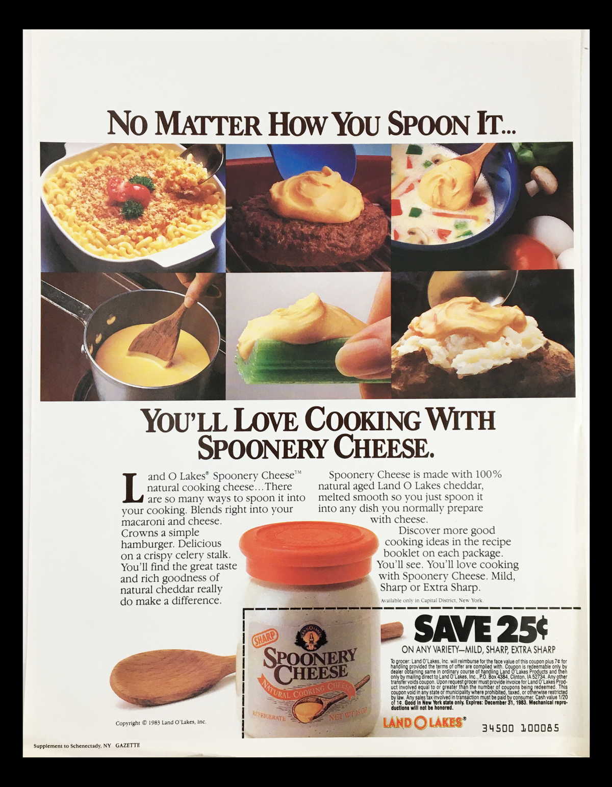1983 Sharp Spoonery Cheese Circular Coupon Advertisement showcasing a variety of dishes made with Spoonery Cheese, highlighting the tagline 'No Matter How You Spoon It...' and featuring the product jar of Spoonery Cheese.