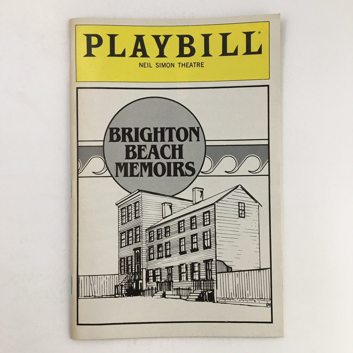 1983 Playbill for Neil Simon's Brighton Beach Memoirs, featuring minimalist artwork of a house, representing Broadway nostalgia.