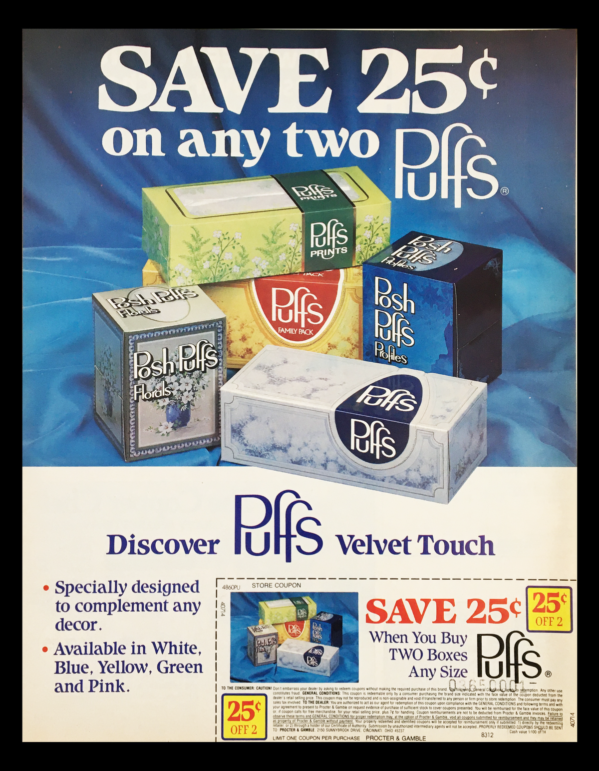 1983 Puffs Velvet Touch Soap Circular Coupon Advertisement showcasing various Puffs product boxes with a headline 'SAVE 25¢ on any two Puffs'. Features colors and decorative design to complement home decor.