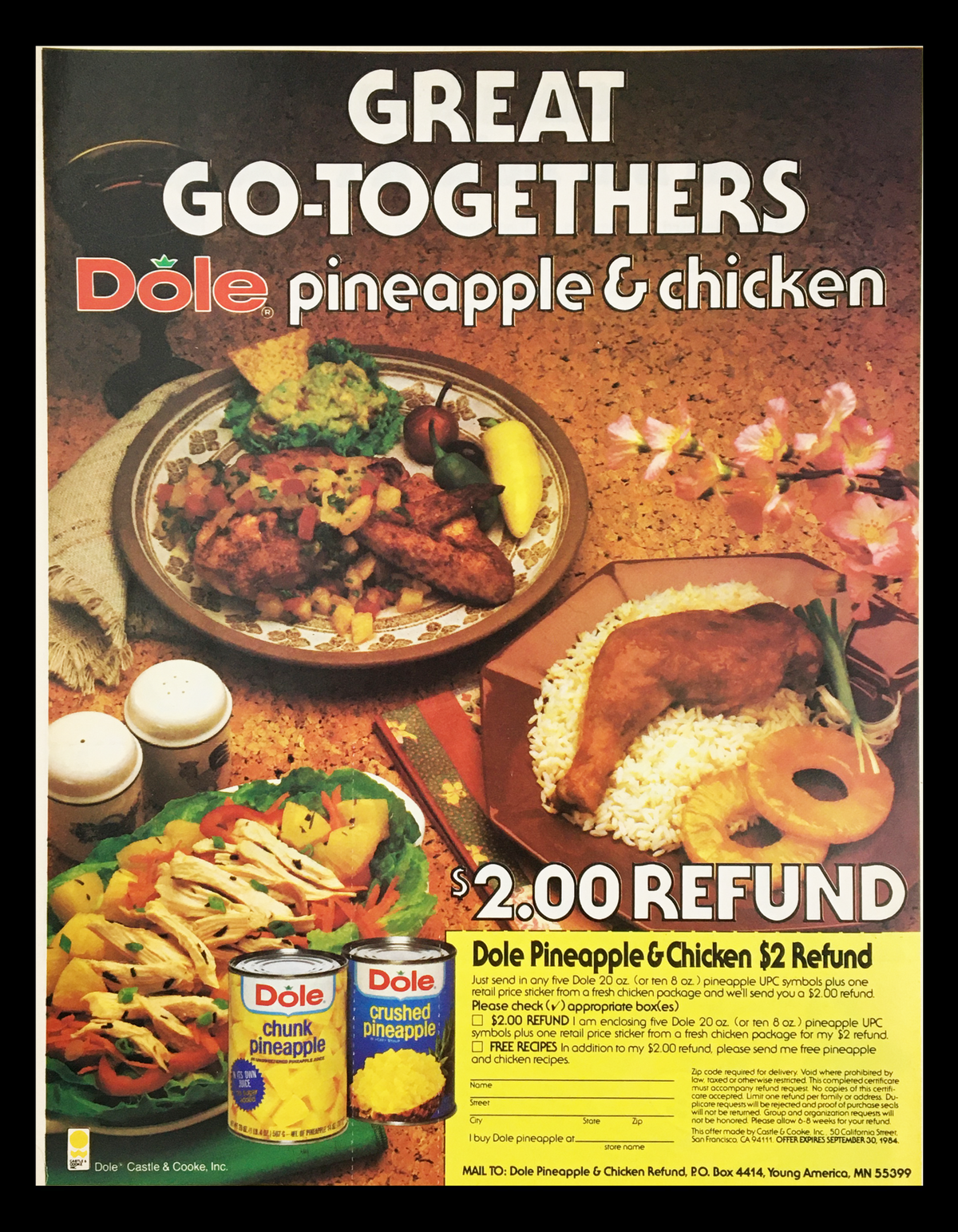 1984 Dole Chunk Pineapple and Chicken Circular Coupon Advertisement featuring a colorful display of pineapple and chicken dishes with promotional details and refund offer.