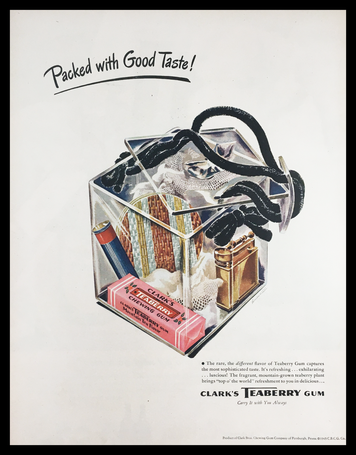 1945 Clark's Teaberry Chewing Gum Vintage Print Ad featuring a colorful display of gum packaging in a clear box, highlighting the nostalgic design and vibrant typography characteristic of mid-20th century advertising.
