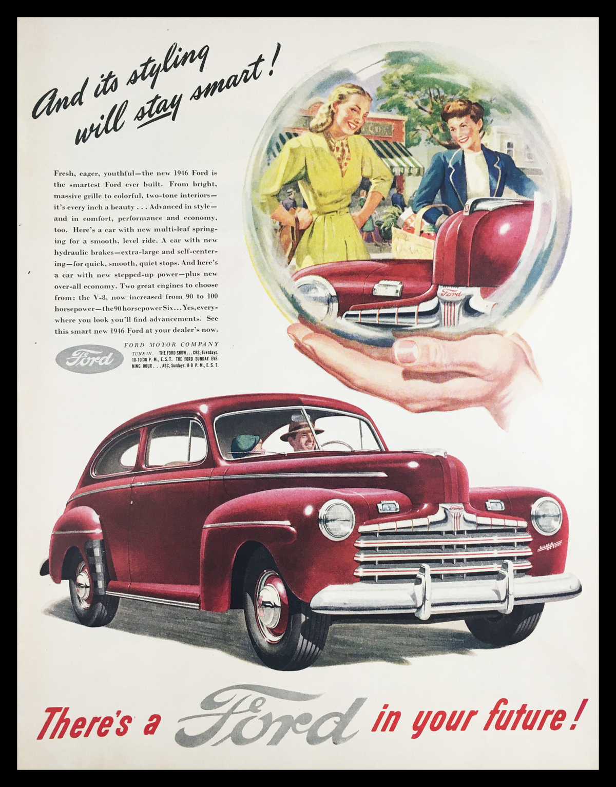 1945 Ford Multi-Leaf Spring Level Ride Vintage Print Ad featuring a classic Ford vehicle illustration with a retro design, showcasing mid-20th century automotive engineering and style.
