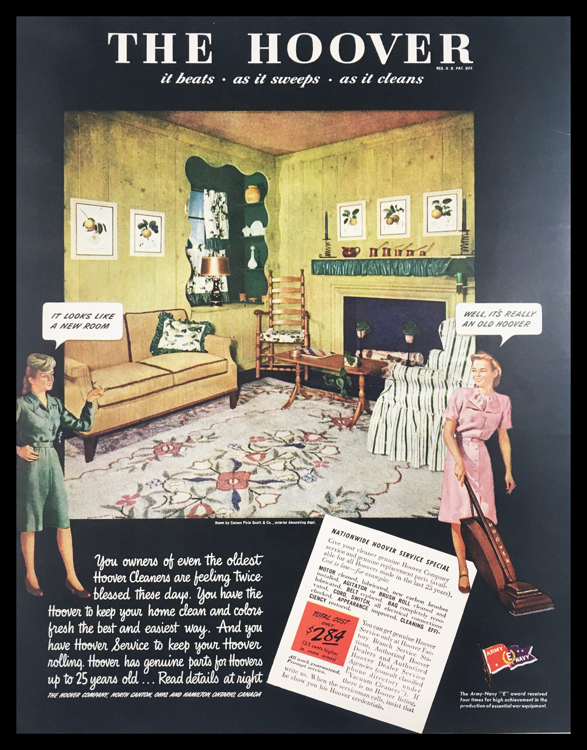 1945 The Hoover Cleaners Vacuum Vintage Print Ad showcasing a retro living room scene with a Hoover vacuum cleaner, highlighting mid-20th century style and home care innovation.