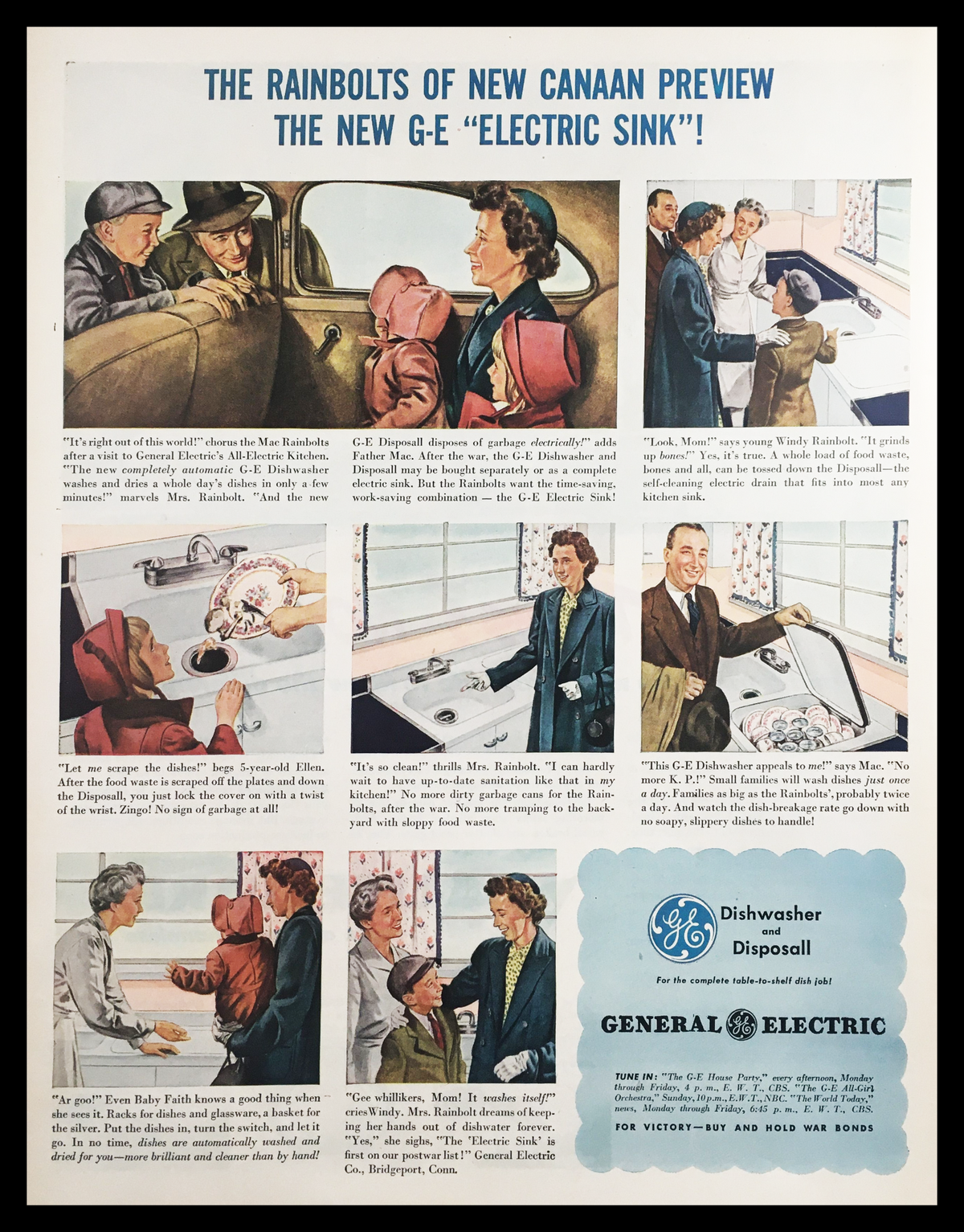 1945 General Electric Dishwasher & Disposall Vintage Print Ad featuring a colorful comic strip style illustration showcasing the excitement of a new G-E 'Electric Sink'. The scene depicts happy families interacting with the dishwasher, emphasizing convenience and modernity in kitchen design of the 1940s.