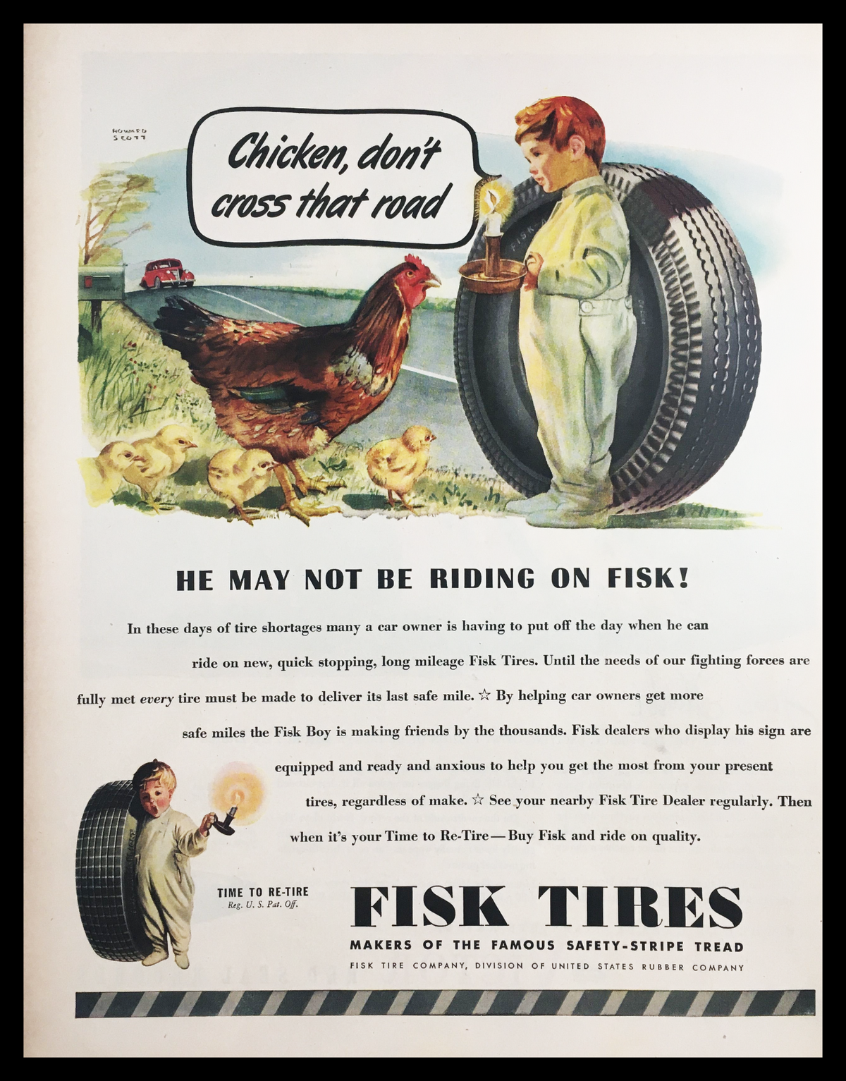 1945 Fisk Tires Famous Safety-Stripe Tread Vintage Print Ad showing a young boy holding a lamp while a chicken walks in front of a large tire, highlighting the innovative safety features of Fisk Tires from the post-war era.
