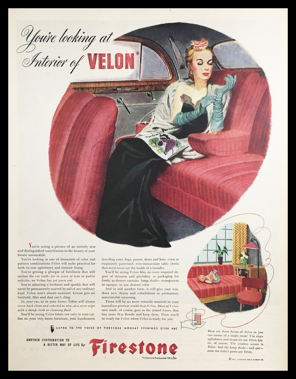 1945 Firestone Interior of Velon Fabric Vintage Print Ad showcasing a woman in elegant attire in a stylish car interior. The ad highlights the luxurious and innovative nature of Firestone's Velon fabric with vibrant colors and retro design elements, perfect for vintage enthusiasts and collectors.