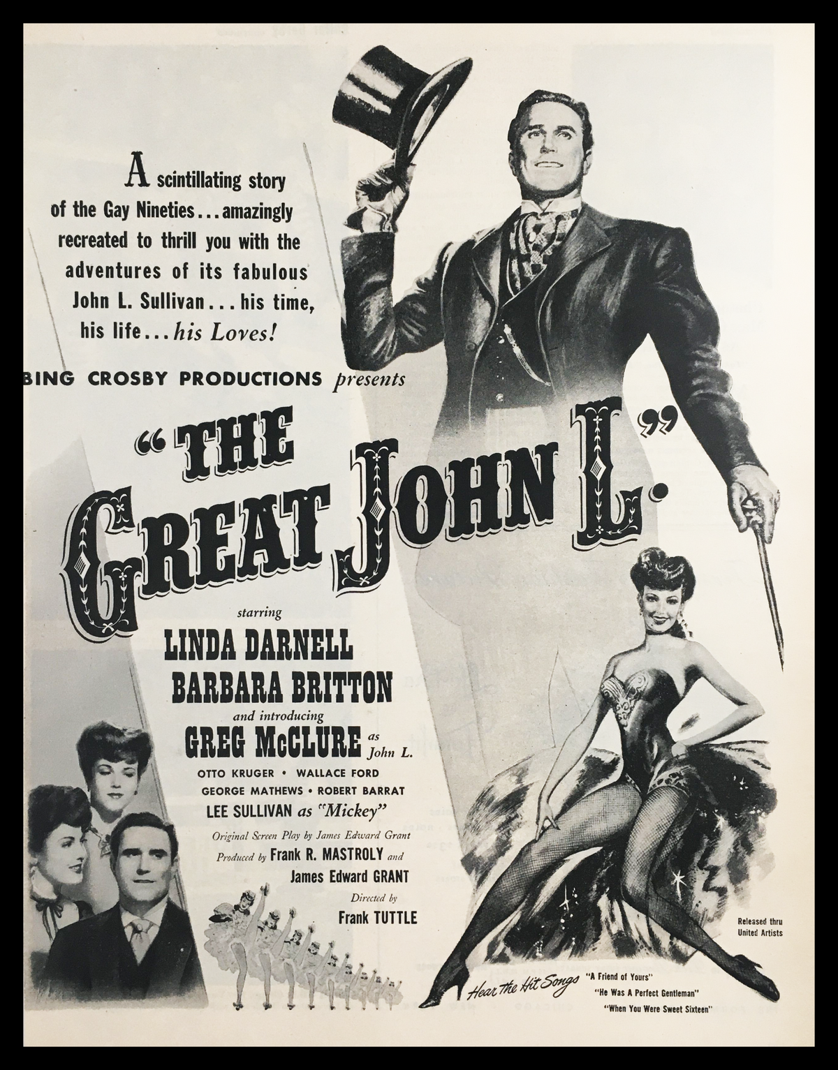 1945 Bing Crosby Presents The Great John L. Vintage Print Ad showcasing the theatrical poster with striking typography and images of the cast, including Linda Darnell and Barbara Britton, reflecting the elegant style of the 1940s entertainment era.