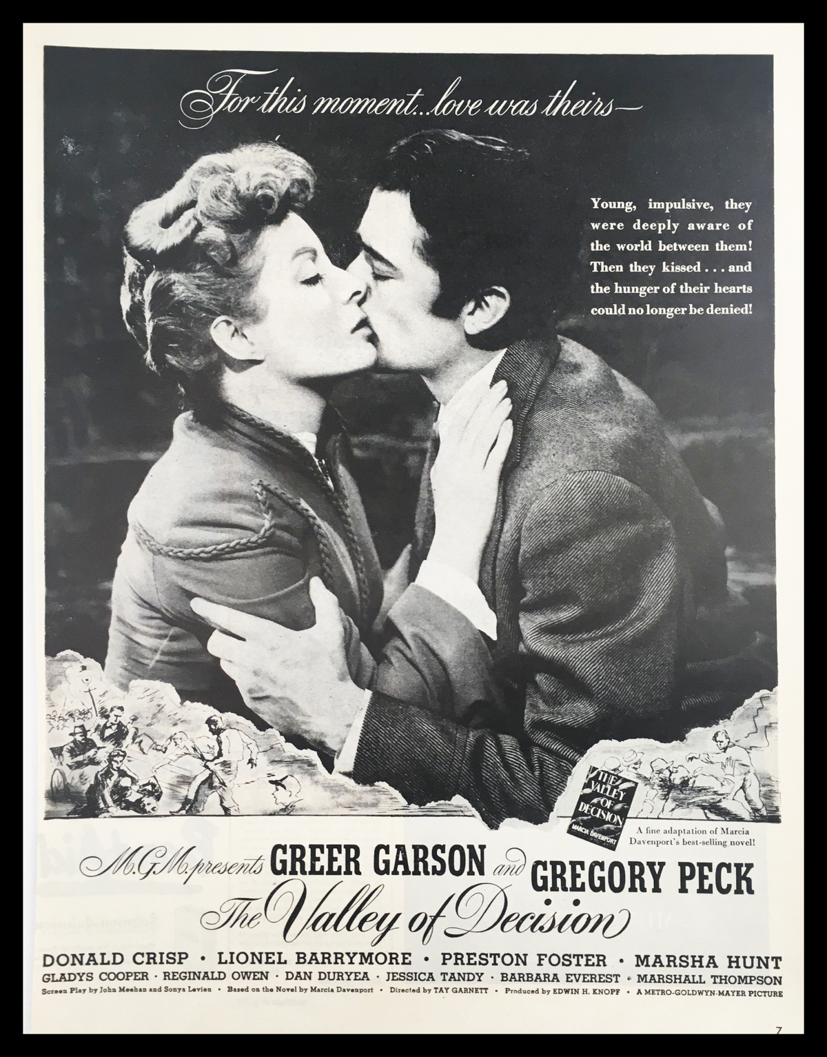 1945 Greer Garson & Gregory Peck in The Valley of Decision vintage print ad showcasing a romantic scene between the iconic stars. This nostalgic advertisement captures the essence of classic Hollywood and enhances collector displays.