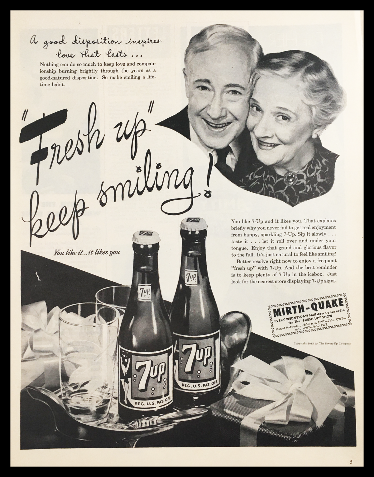 1945 Sparkling 7-Up Keep Smiling Vintage Print Ad featuring a nostalgic design with a smiling couple, bottles of 7-Up, and a vibrant layout that captures the essence of 1940s Americana.