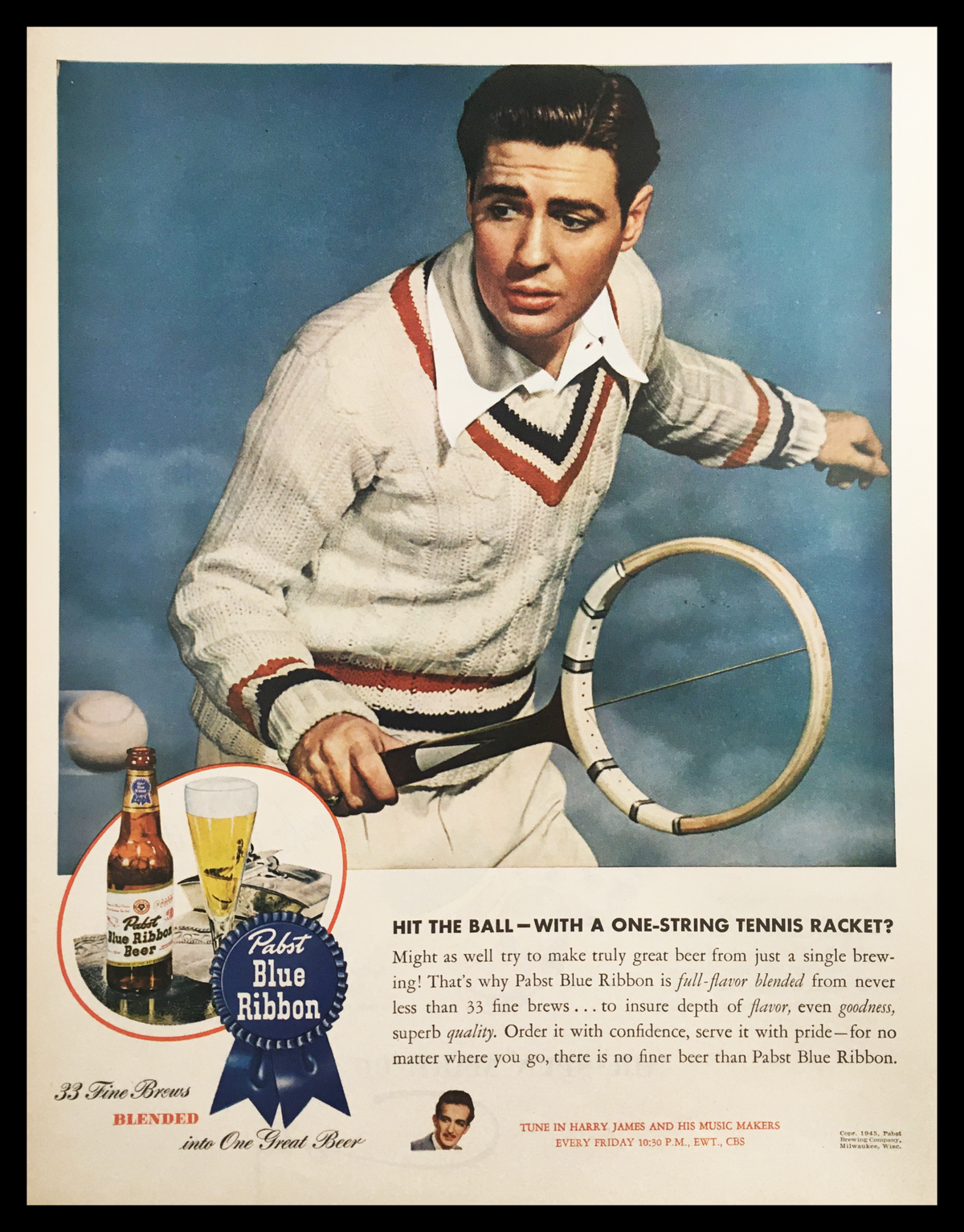 1945 Pabst Blue Ribbon Fine Brew Beer Vintage Print Ad showcasing a man in a white sweater with a tennis racket, promoting Pabst Blue Ribbon beer with vibrant colors and classic typography.