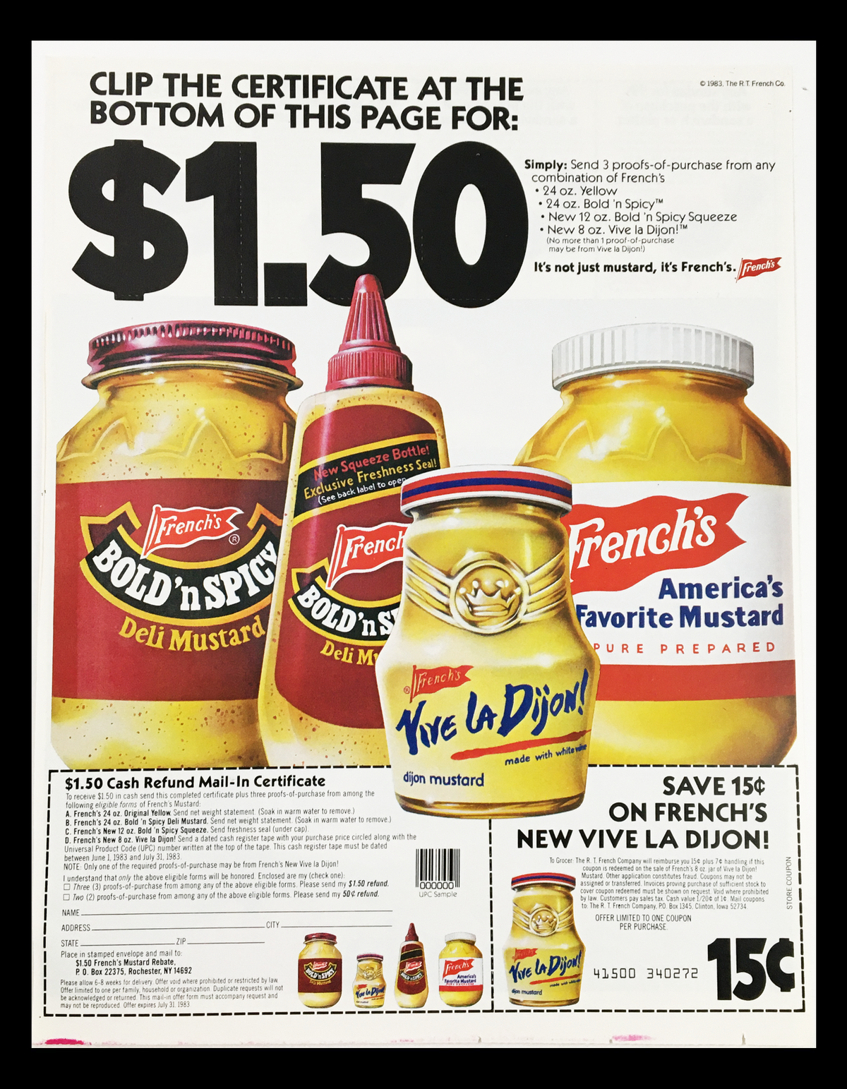 1983 French's America's Favorite Mustard Circular Coupon Advertisement featuring various mustard products and a coupon offer for $1.50 refund, showcasing vintage marketing from the 1980s.