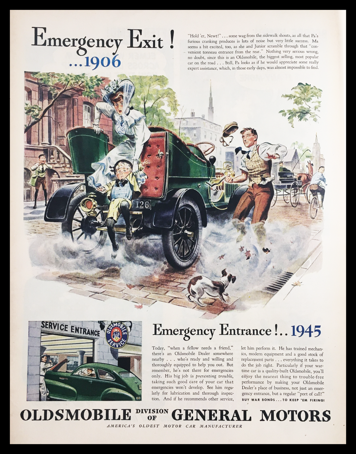 1945 Oldsmobile Emergency Exit 1906 Vintage Print Ad featuring a vintage scene with an Oldsmobile vehicle, pedestrians, and classic architecture, showcasing the nostalgia and automotive history of the mid-20th century.