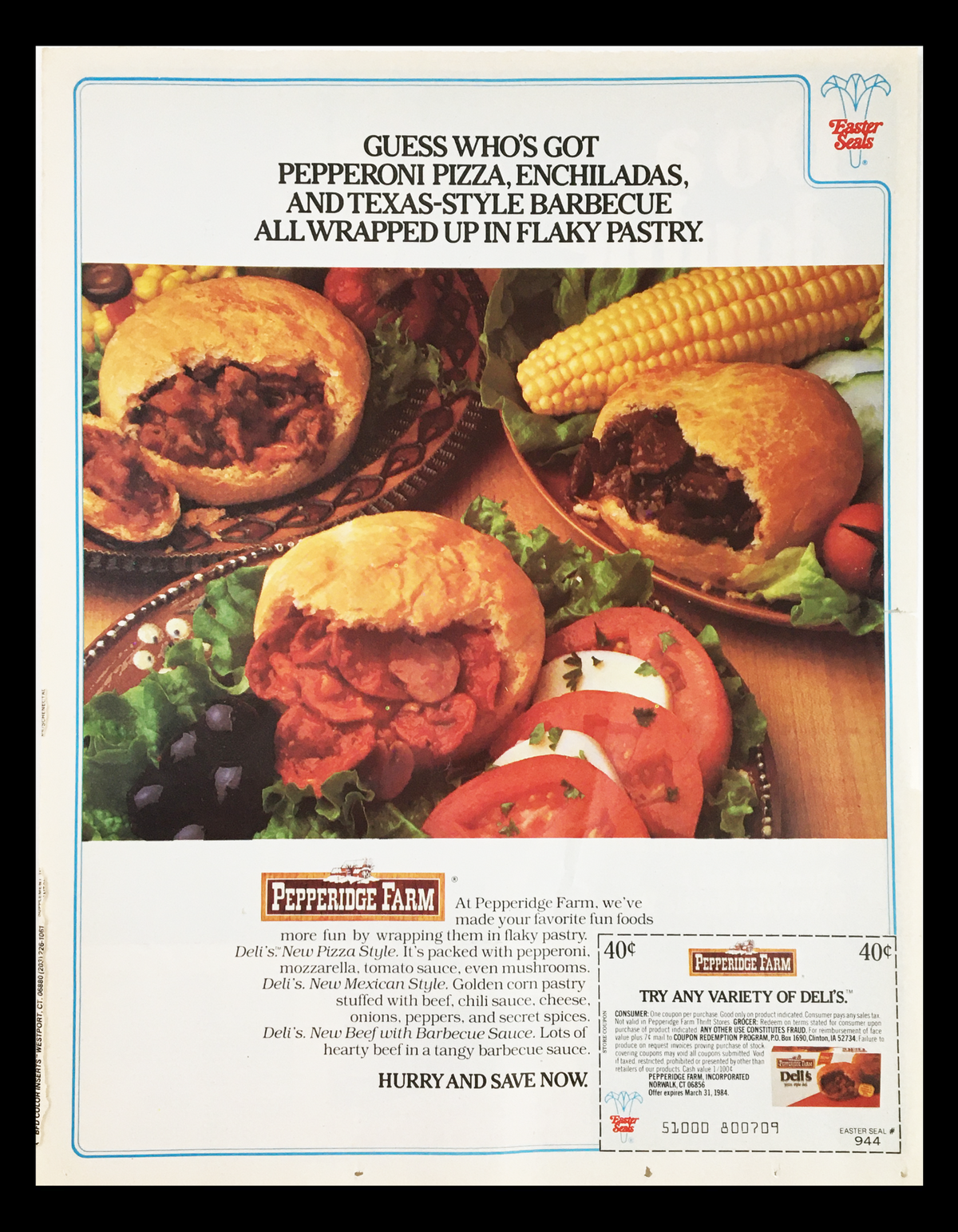 1984 Pepperidge Farm Pizza Style Tomato Sauce Circular Coupon Advertisement featuring flaky pastry items including pepperoni pizza and barbecue wrapped in flaky dough with colorful vegetables.