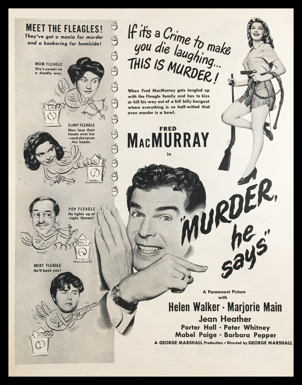 1945 Fred MacMurray in 'Murder He Says' vintage print ad featuring a comic depiction of characters from the film, highlighting the humor and charm of classic cinema.