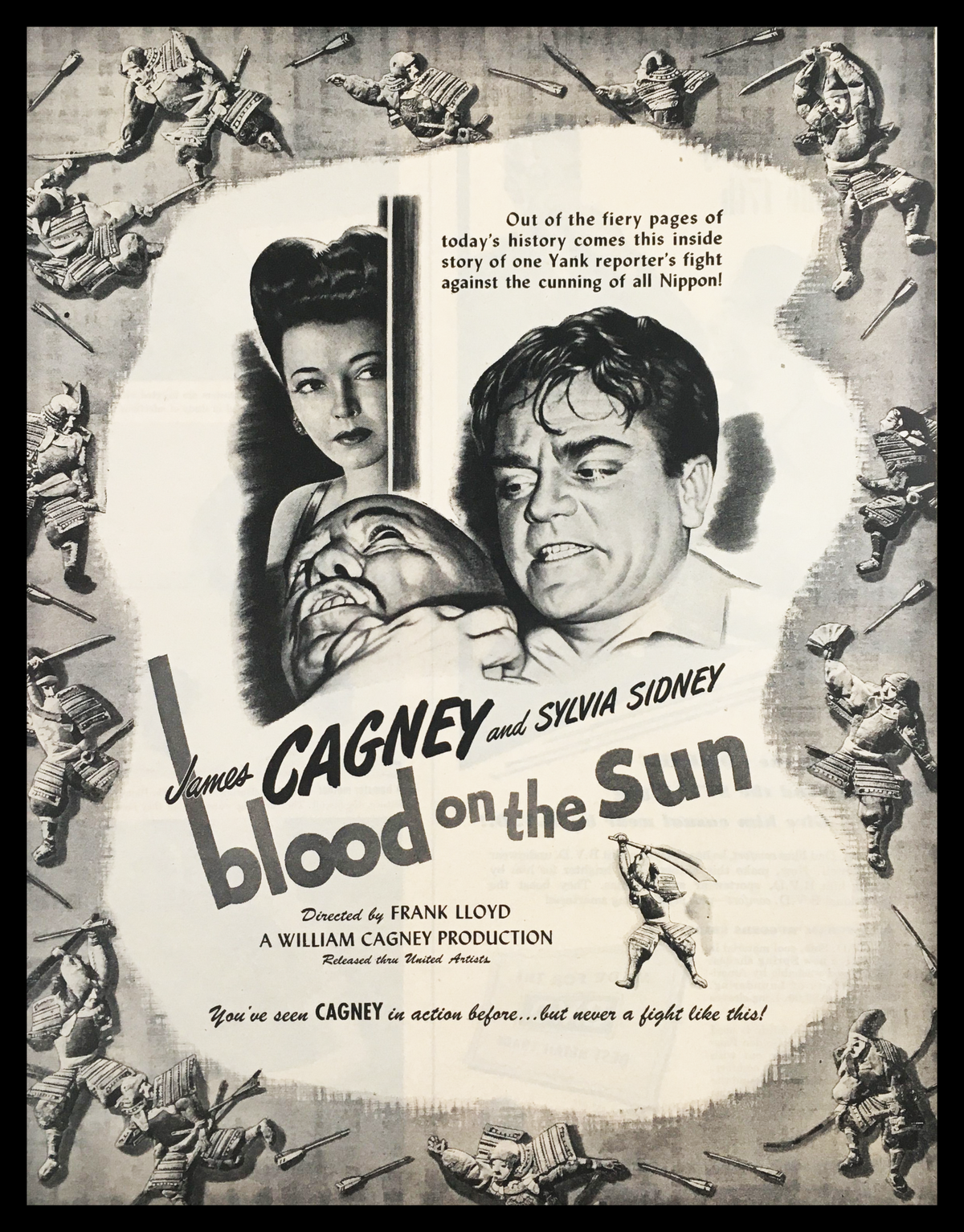1945 vintage print ad featuring James Cagney and Sylvia Sidney in the film Blood on the Sun, showcasing dramatic scenes and classic Hollywood style.