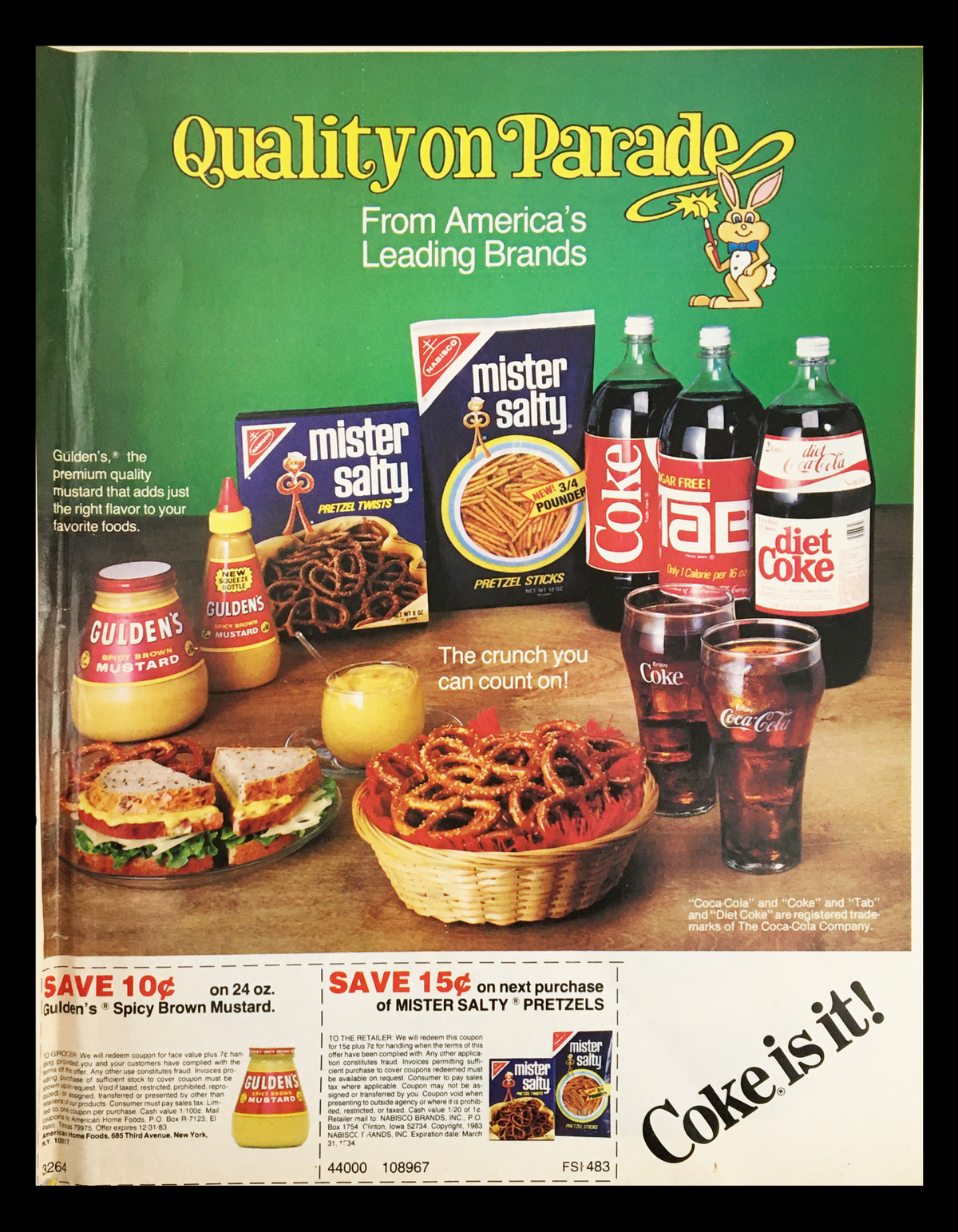 1983 Nabisco America's Leading Brands Circular Coupon Advertisement featuring various products including Mister Salty pretzel sticks, Coke, and diet Coke with a background design emphasizing quality on parade.