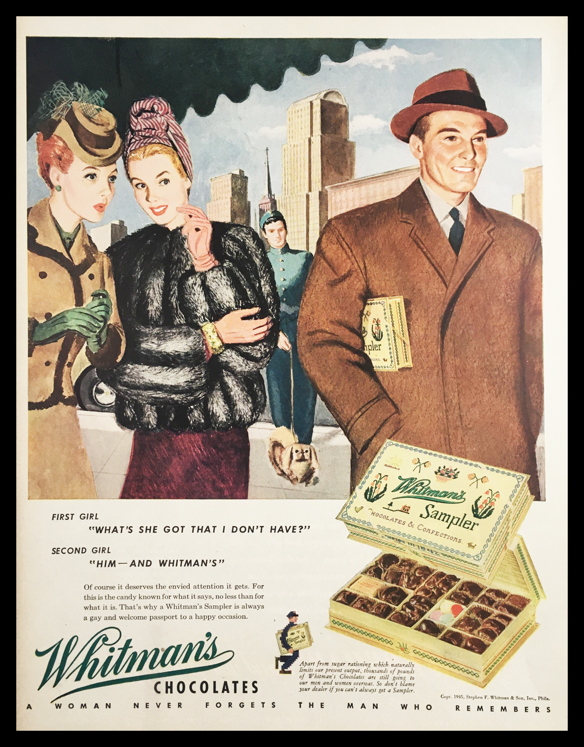 1945 Whitman's Chocolates & Confections Vintage Print Ad featuring a glamorous woman in a fur coat and a well-dressed man holding a box of Whitman's chocolates, capturing the nostalgic essence of mid-20th century advertising and the allure of chocolate.