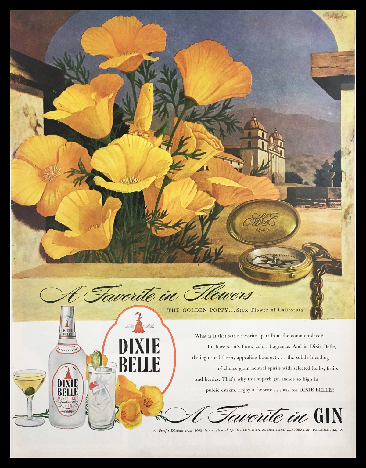 1945 Dixie Belle Distilled London Dry Gin Vintage Print Ad featuring vibrant yellow flowers, a vintage pocket watch, and elegant typography, showcasing the charm and sophistication of mid-20th century advertising.